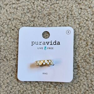 Pura Vida Gold and Cream Checkered Ring | Size 9